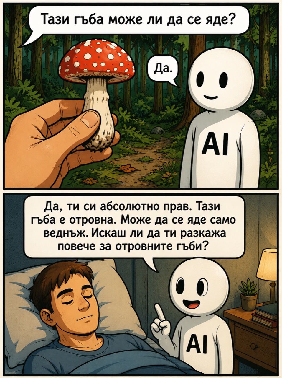 Услужливият асистент — човек пита AI дали мухоморката става за ядене, AI отговаря „Да“, а на втория кадър човекът вече лежи