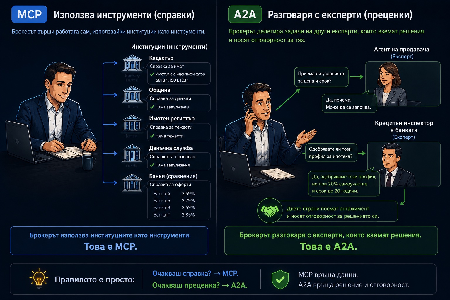 MCP: институциите като инструменти — очаква се справка. A2A: разговор с експерти, които решават и носят отговорност — очаква се преценка