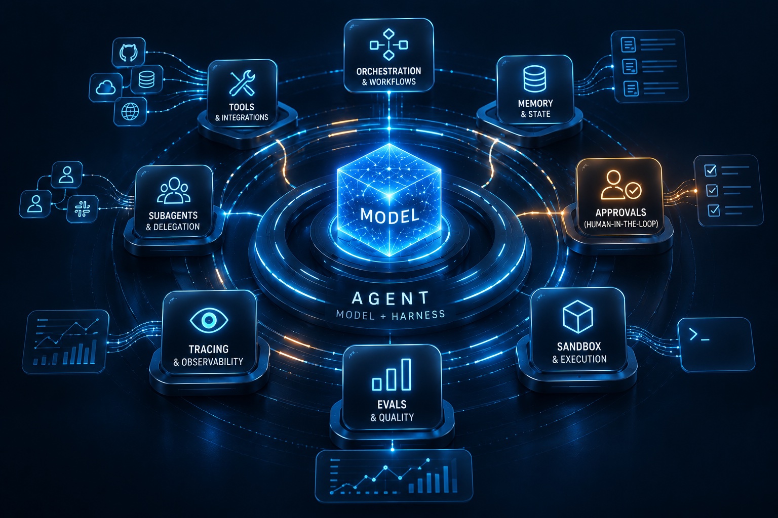 Agent = Model + Harness: orchestration, state, tools, approvals, subagents, sandbox, tracing, and evals