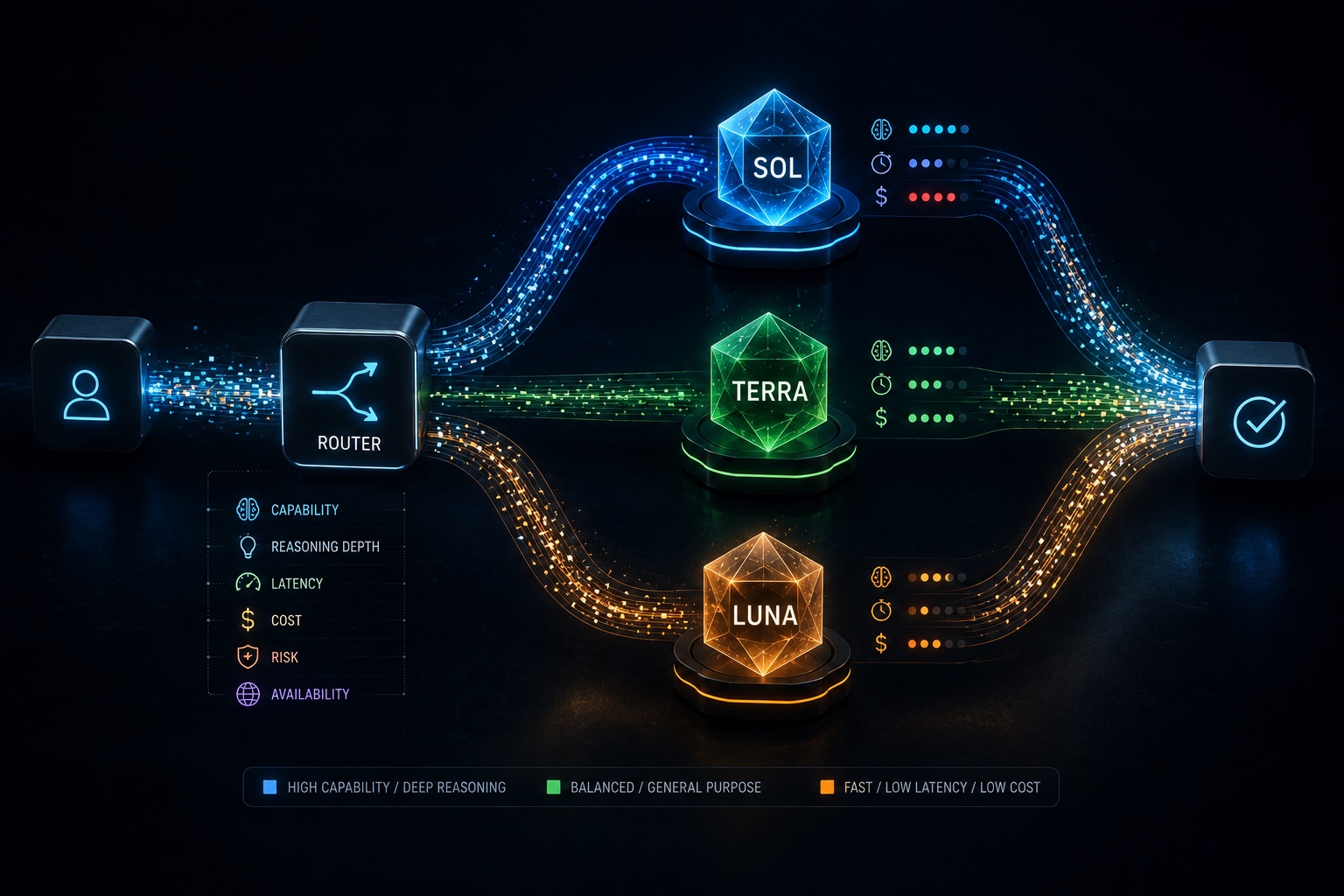 Routing between Sol, Terra, and Luna by capability, reasoning depth, latency, cost, risk, and availability
